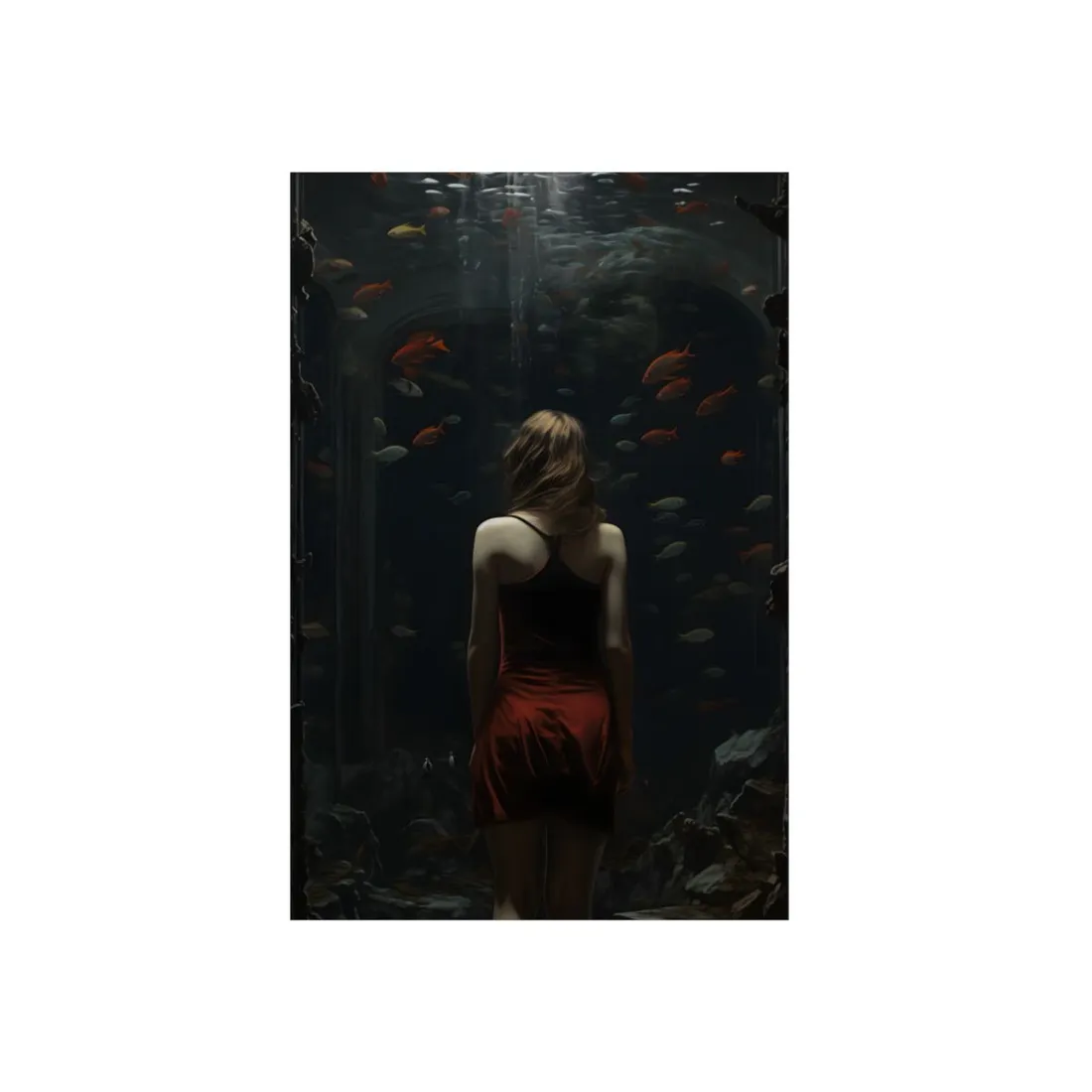 Facing the Deep: Woman in Red and Black Amid Floating Fish - Metal Poster