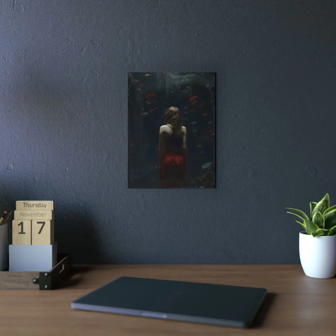 Facing the Deep: Woman in Red and Black Amid Floating Fish - Metal Poster