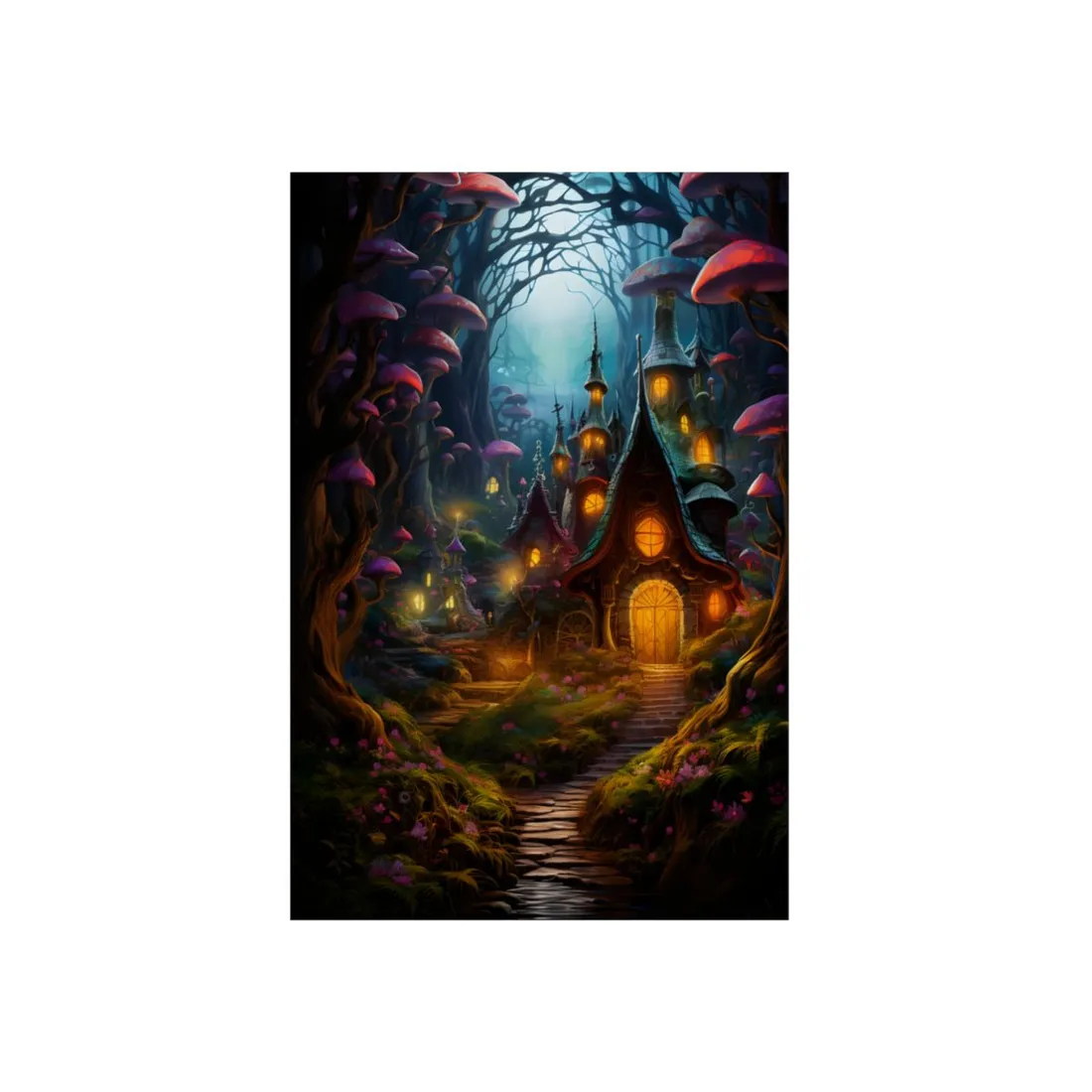 Fairy Tale Cottage Among Giant Mushrooms - Metal Poster
