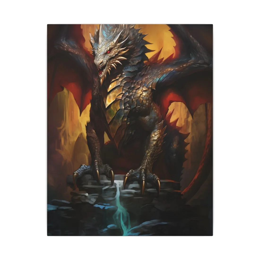 Fantasy Castle Guardian: Majestic Dragon Soars in Mid-Air - Canvas