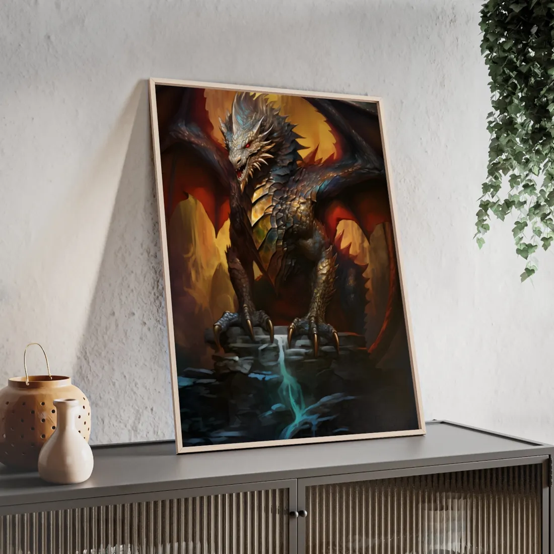 Fantasy Castle Guardian: Majestic Dragon Soars in Mid-Air - Framed Poster