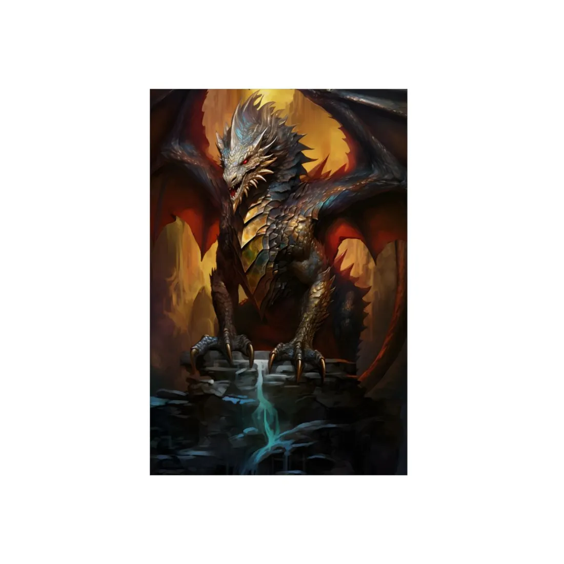 Fantasy Castle Guardian: Majestic Dragon Soars in Mid-Air - Metal Poster