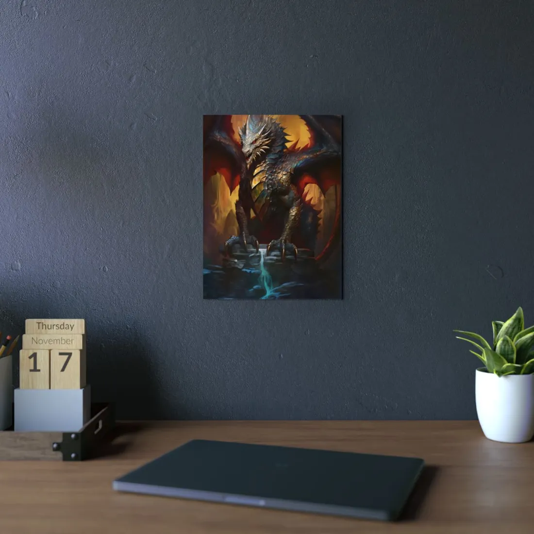 Fantasy Castle Guardian: Majestic Dragon Soars in Mid-Air - Metal Poster