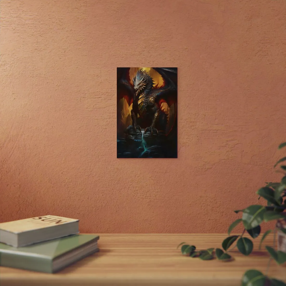 Fantasy Castle Guardian: Majestic Dragon Soars in Mid-Air - Metal Poster