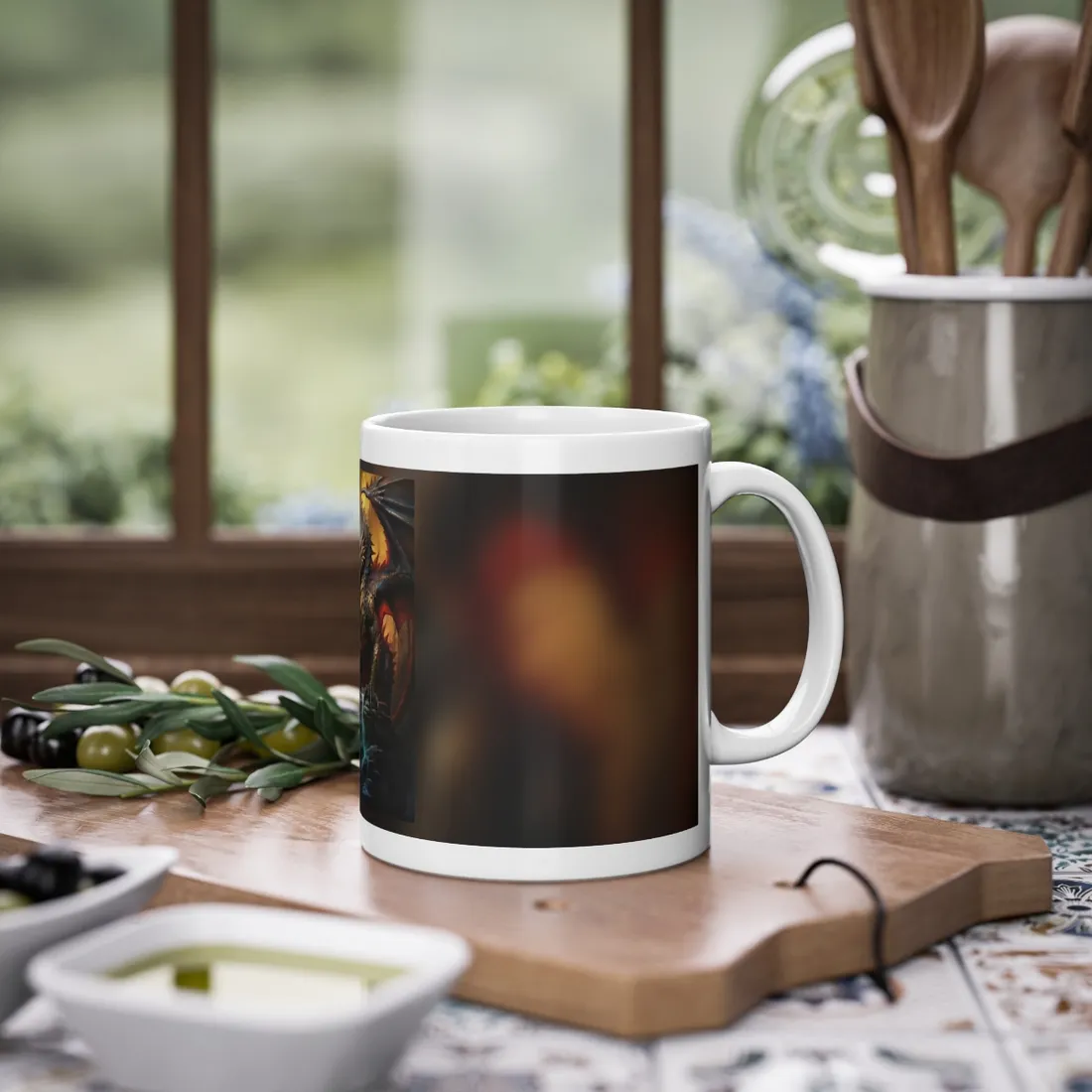 Fantasy Castle Guardian: Majestic Dragon Soars in Mid-Air - Mug