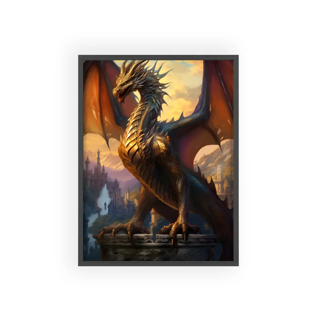 Fantasy Dragon's Intense Lair: Majestic Guardian at Rest - Framed Poster