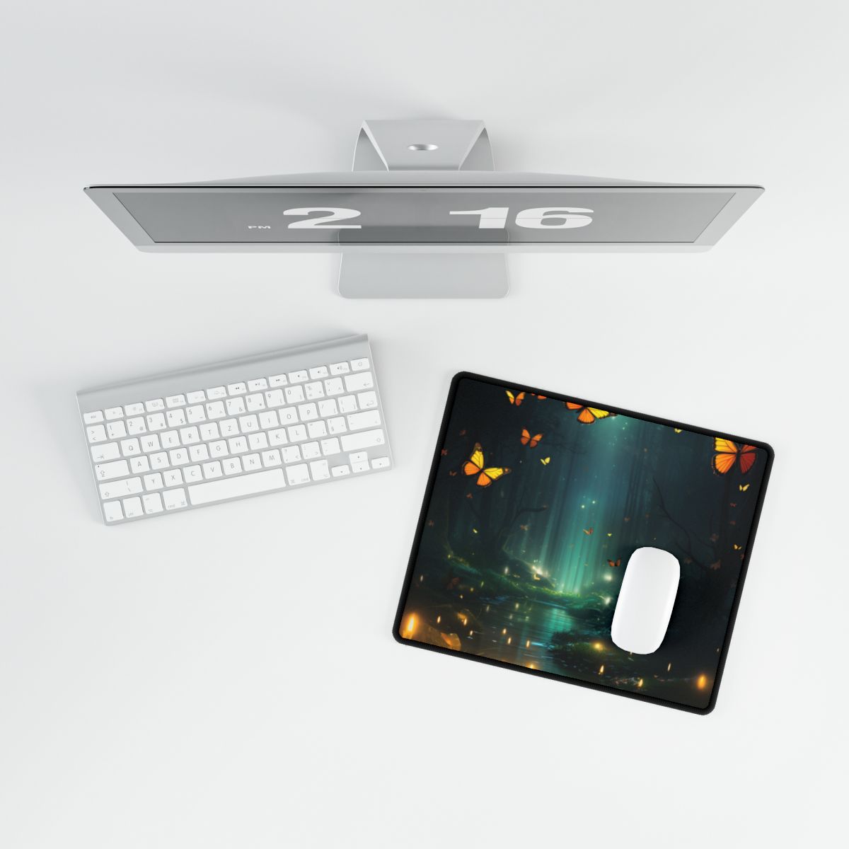 Fantasy Night Bokeh Artwork: Glowing Fog Forest Painting - Desk Mat