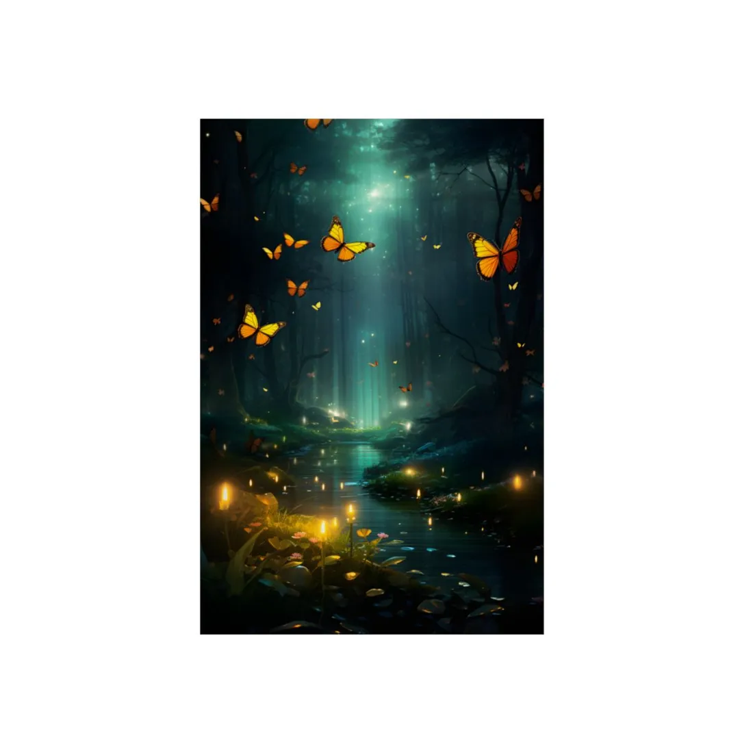 Fantasy Night Bokeh Artwork: Glowing Fog Forest Painting - Metal Poster