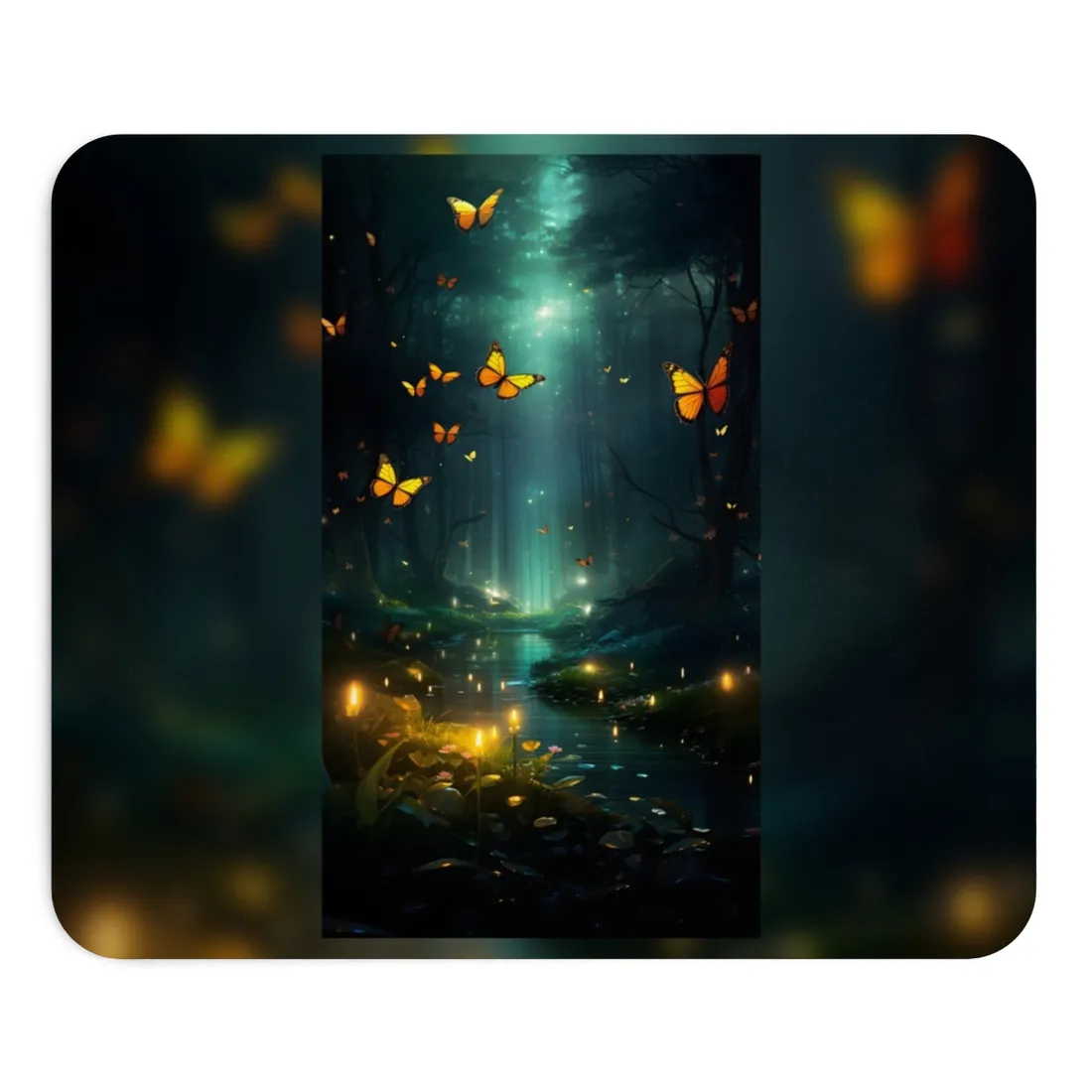 Fantasy Night Bokeh Artwork: Glowing Fog Forest Painting - Mouse Pad