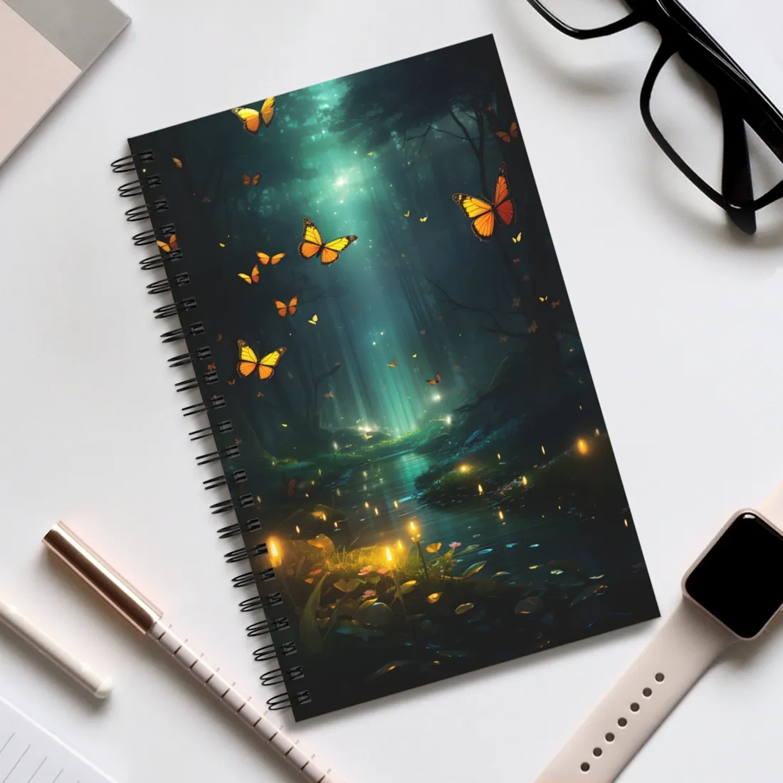 Fantasy Night Bokeh Artwork: Glowing Fog Forest Painting - Spiral Notebook