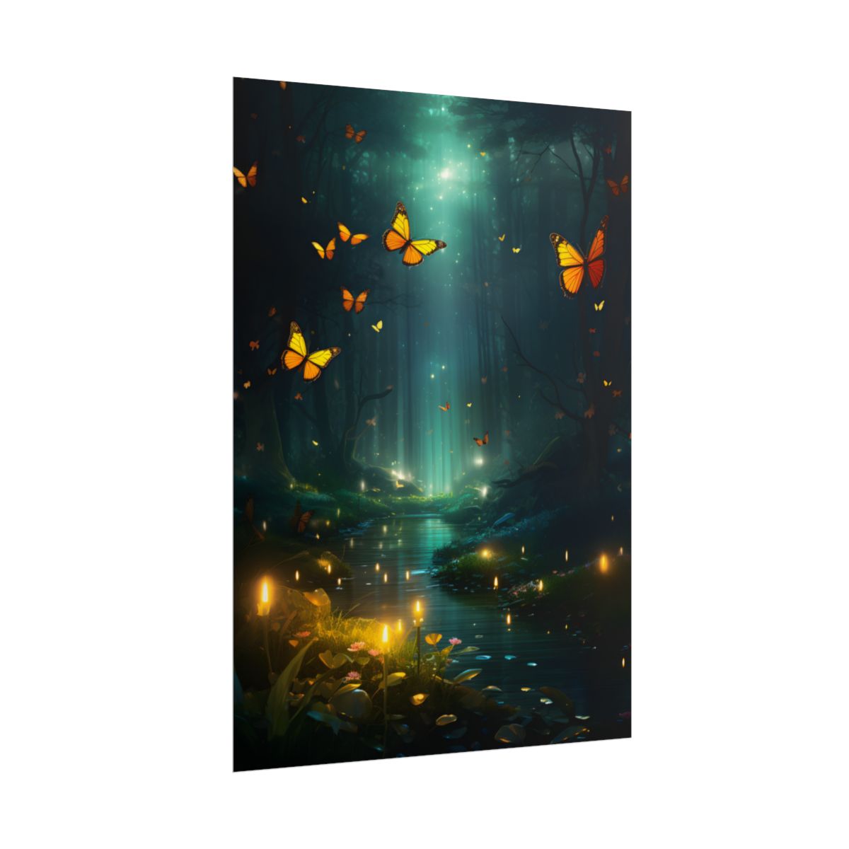 Fantasy Night Bokeh Artwork: Glowing Fog Forest Painting - Poster