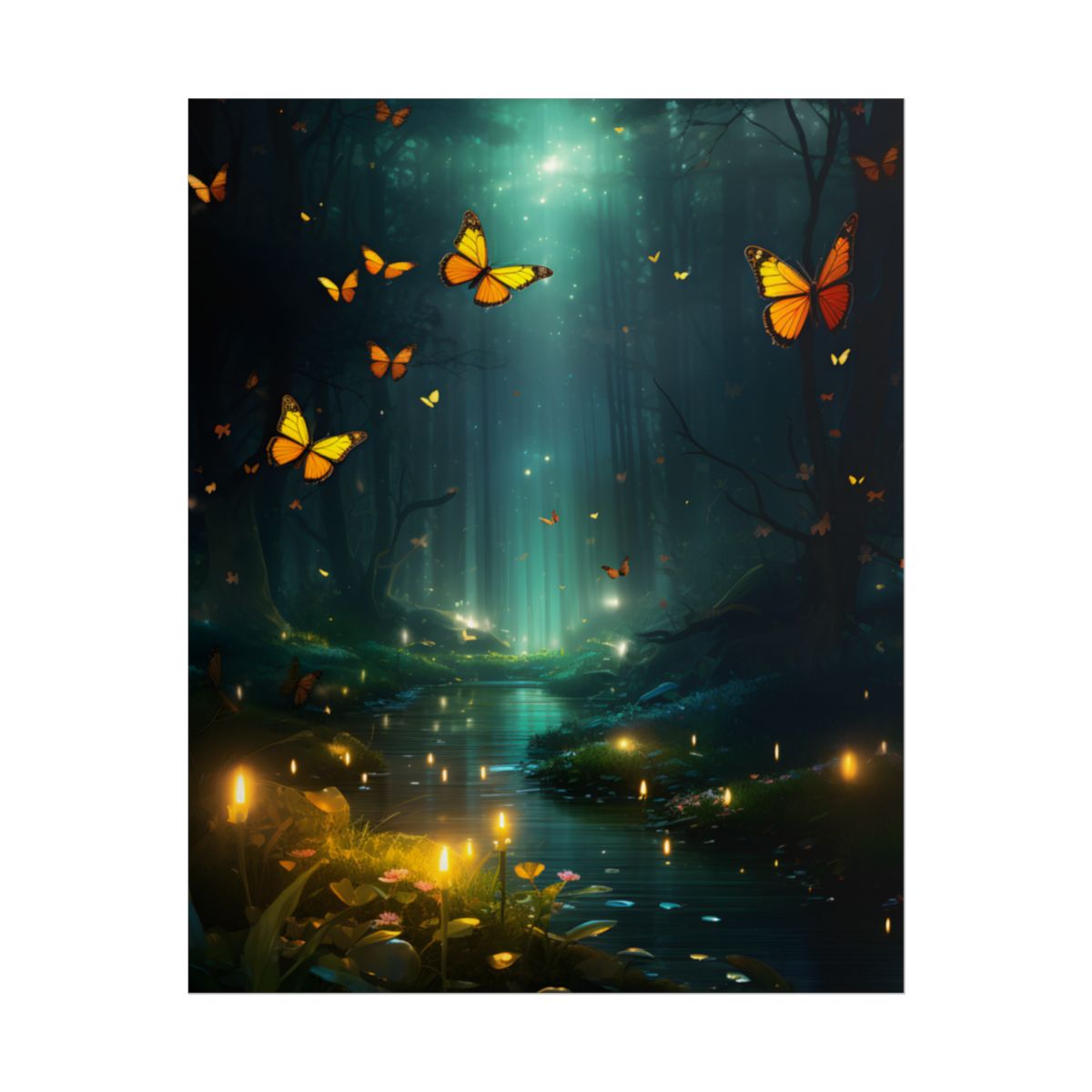 Fantasy Night Bokeh Artwork: Glowing Fog Forest Painting - Poster