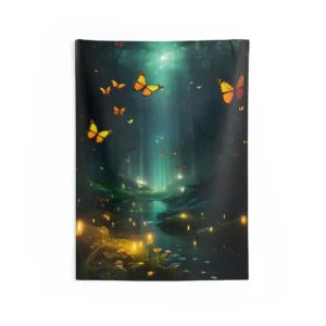 Butterflies over Forest Stream Wall Tapestry