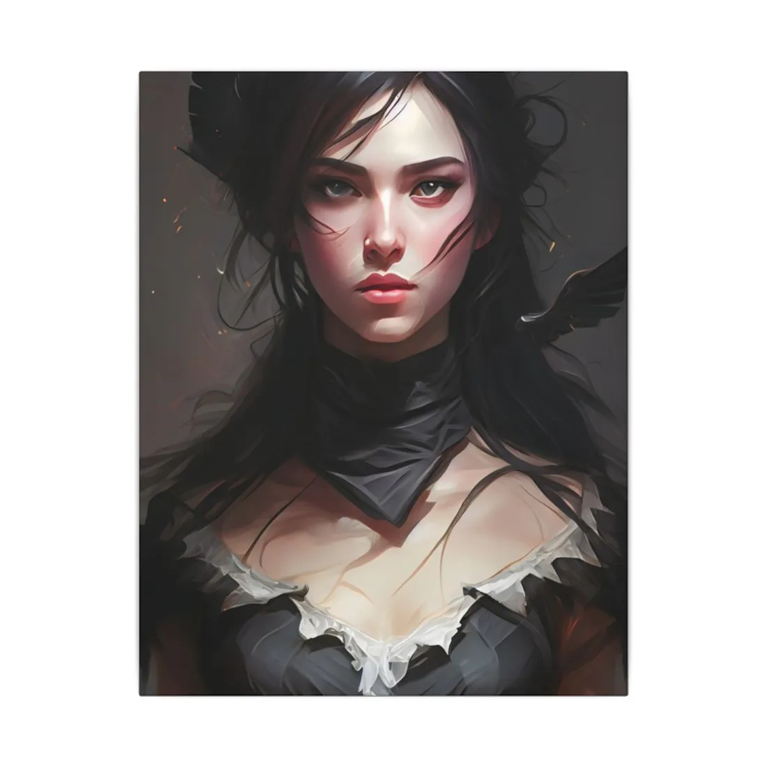 Female Portrait: Black Hair Artwork in Dark Background - Canvas