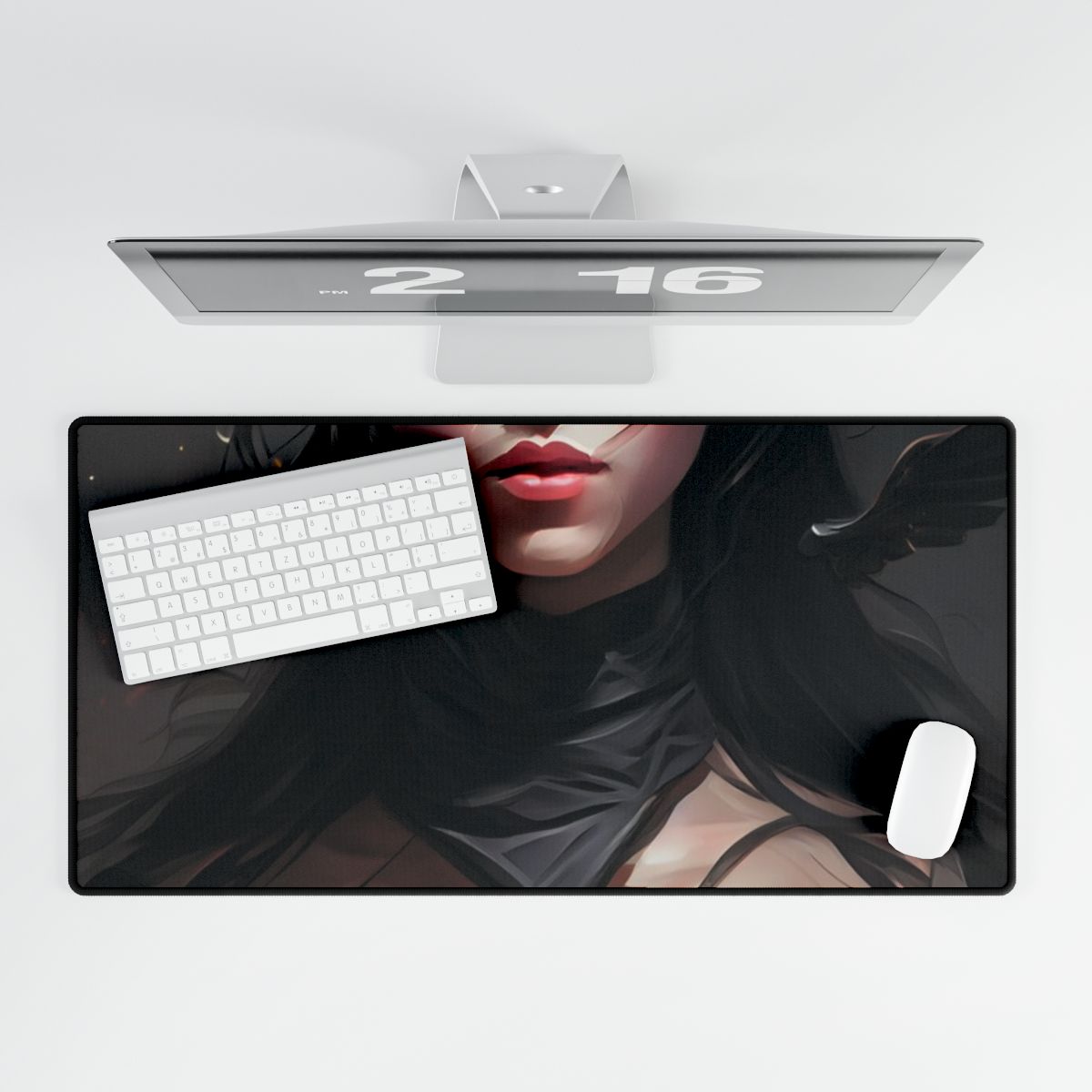 Female Portrait: Black Hair Artwork in Dark Background - Desk Mat