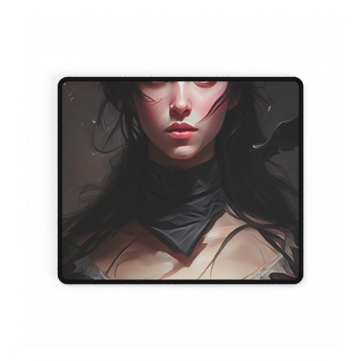Female Portrait: Black Hair Artwork in Dark Background - Desk Mat