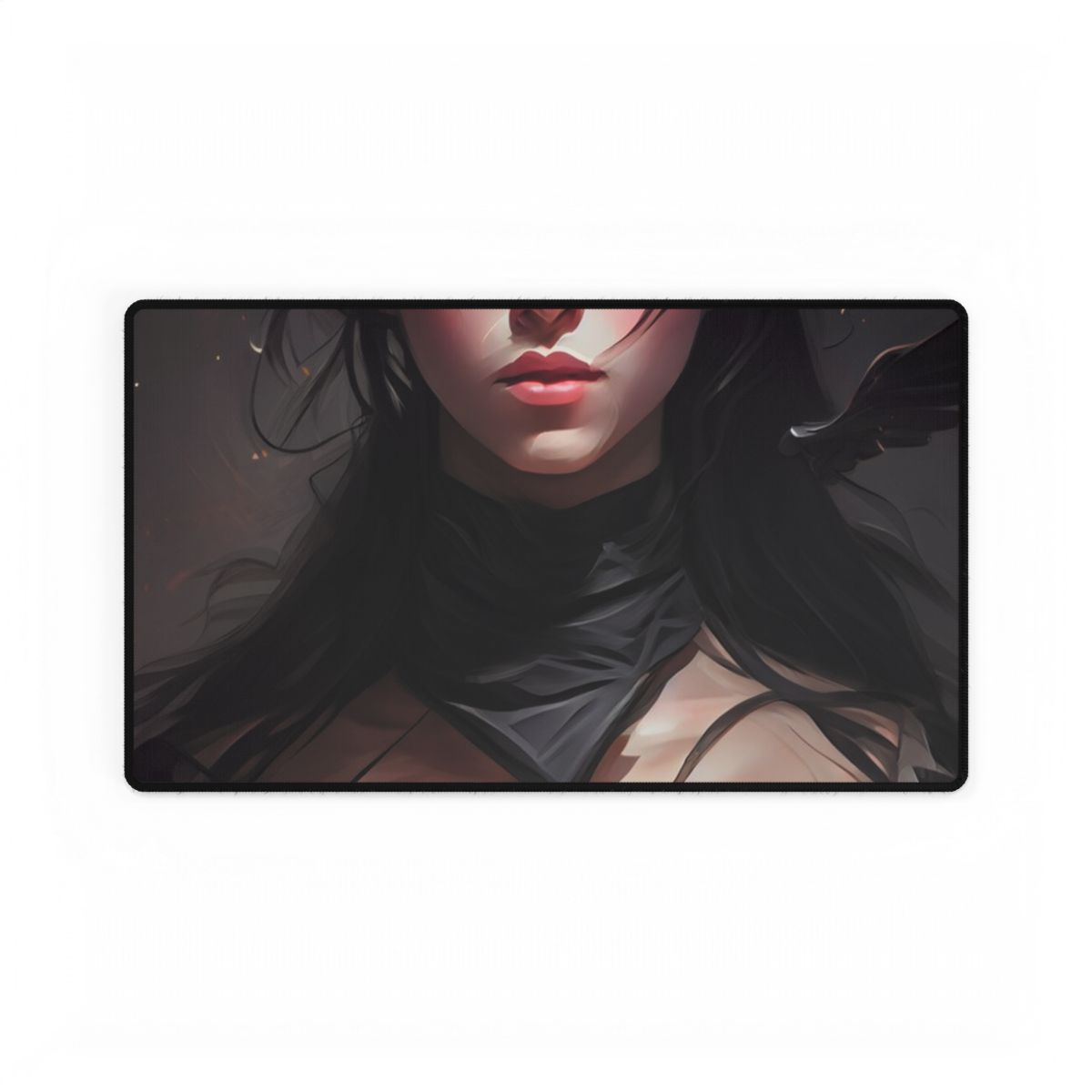 Female Portrait: Black Hair Artwork in Dark Background - Desk Mat