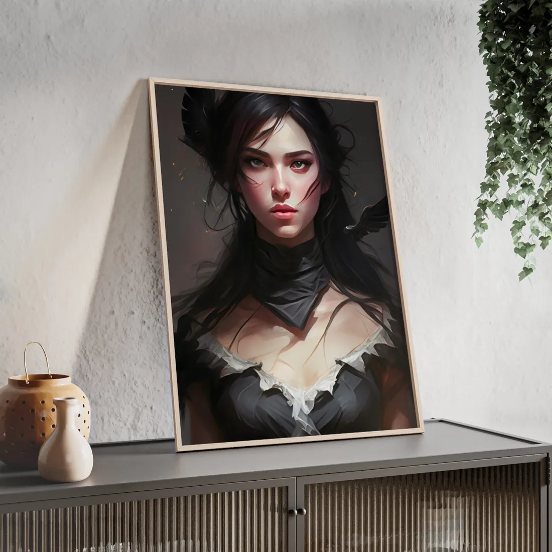 Female Portrait: Black Hair Artwork in Dark Background - Framed Poster