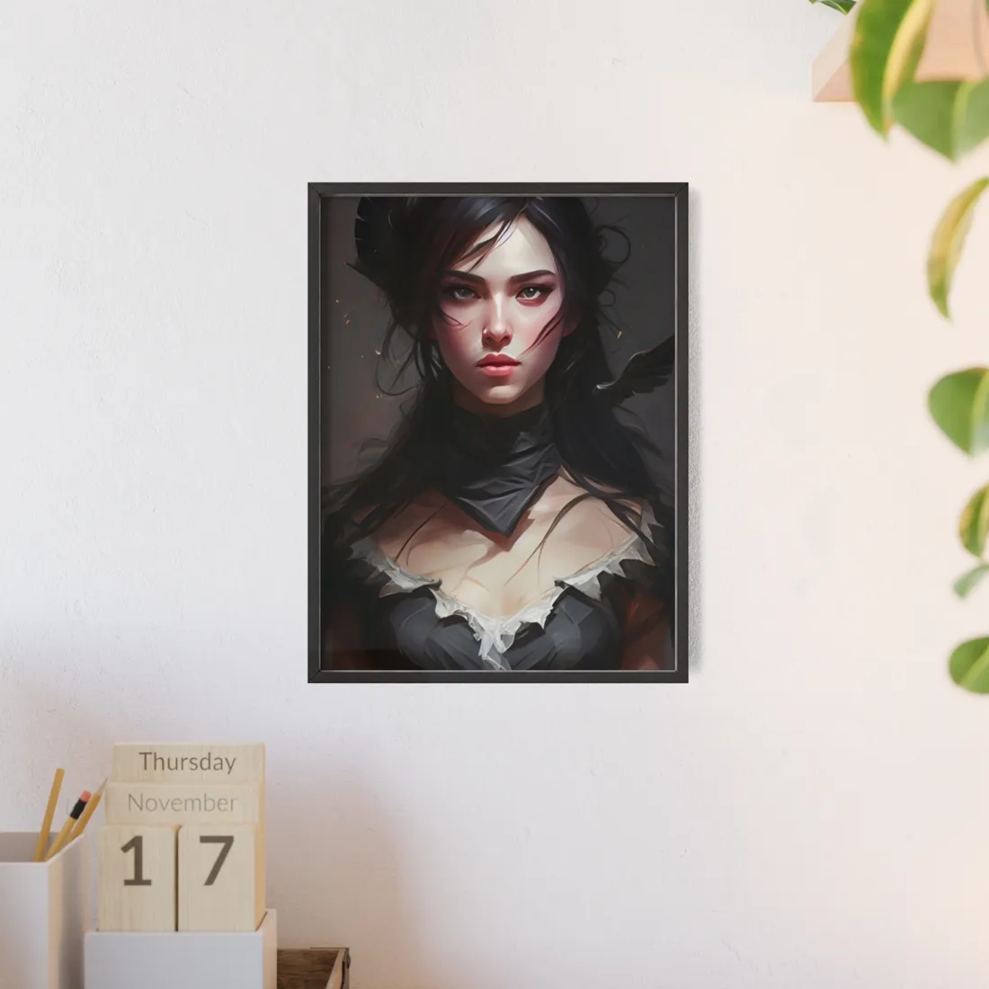 Female Portrait: Black Hair Artwork in Dark Background - Framed Poster