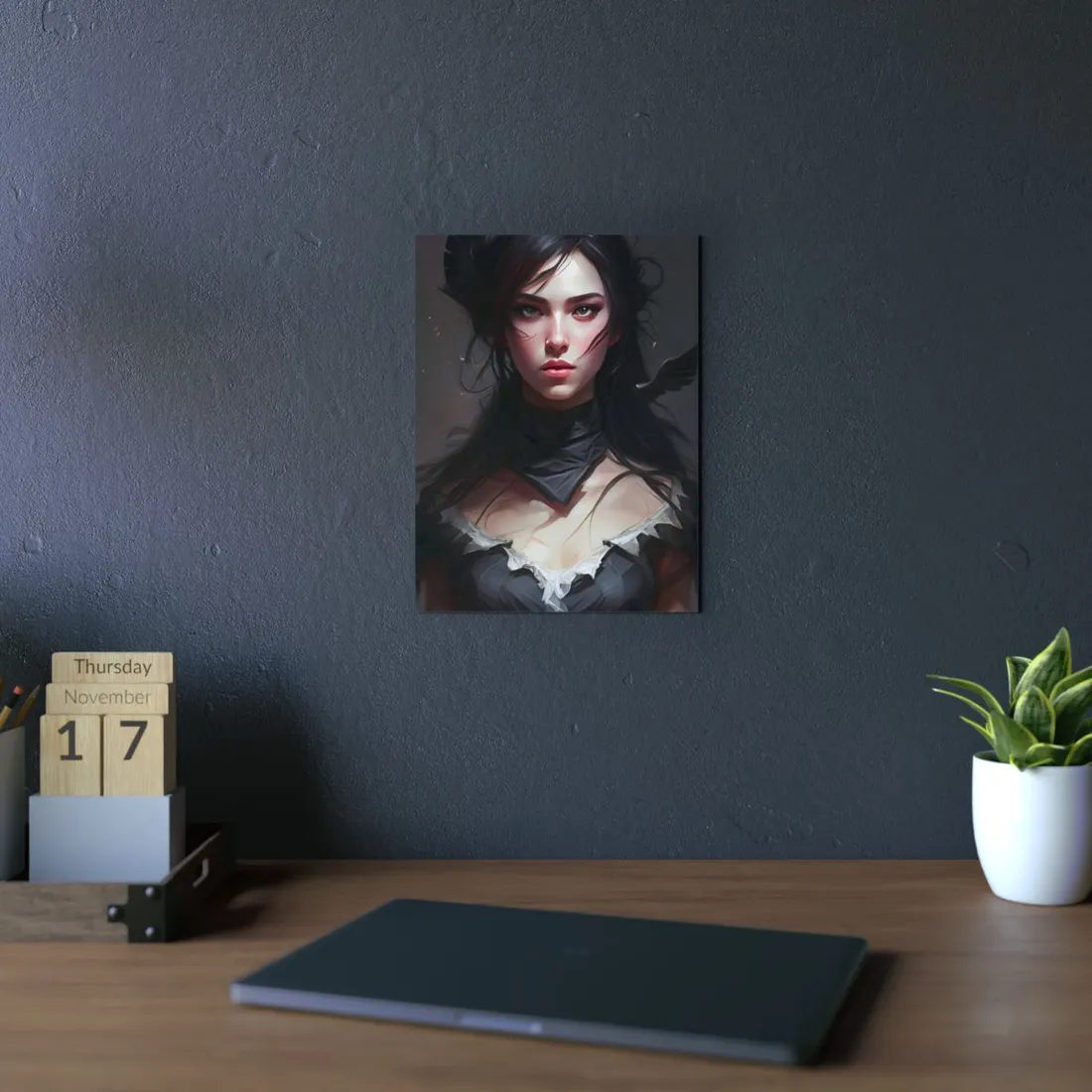 Female Portrait: Black Hair Artwork in Dark Background - Metal Poster