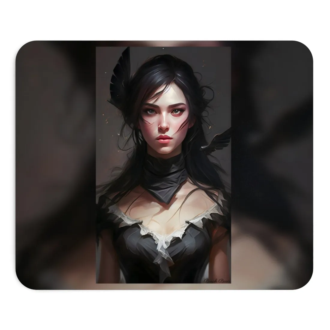 Female Portrait: Black Hair Artwork in Dark Background - Mouse Pad