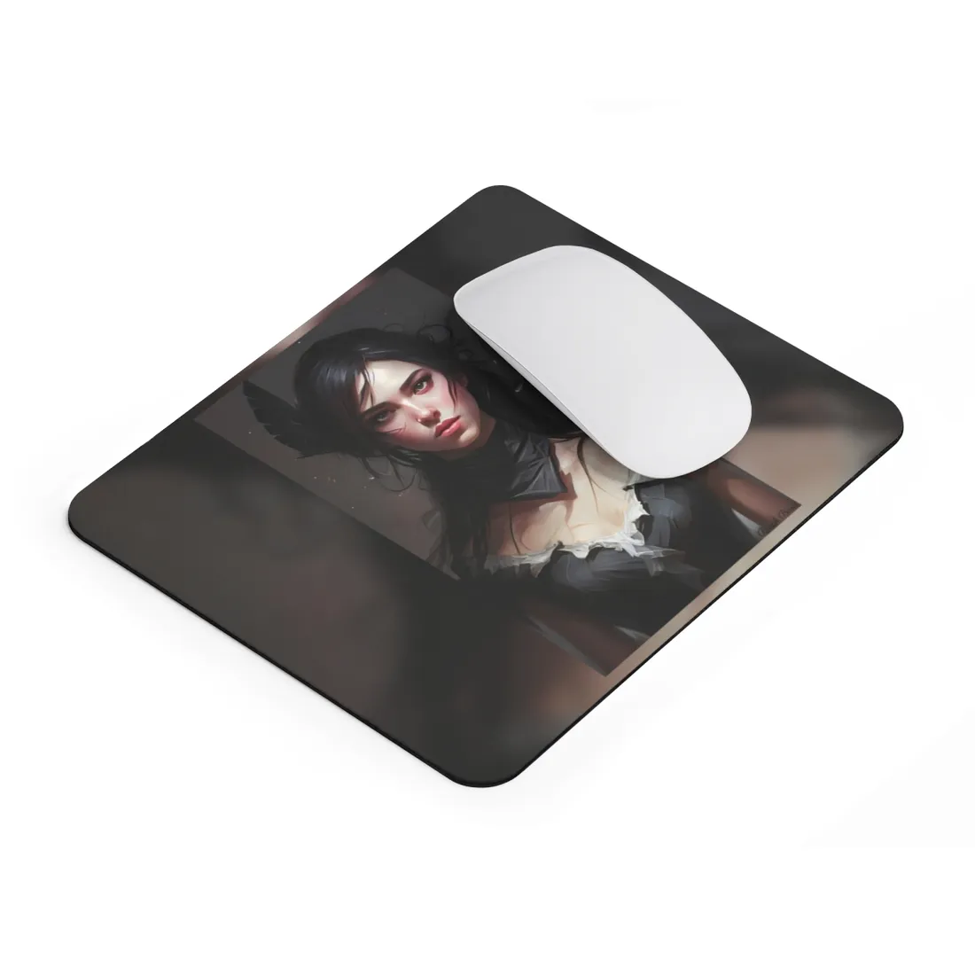 Female Portrait: Black Hair Artwork in Dark Background - Mouse Pad
