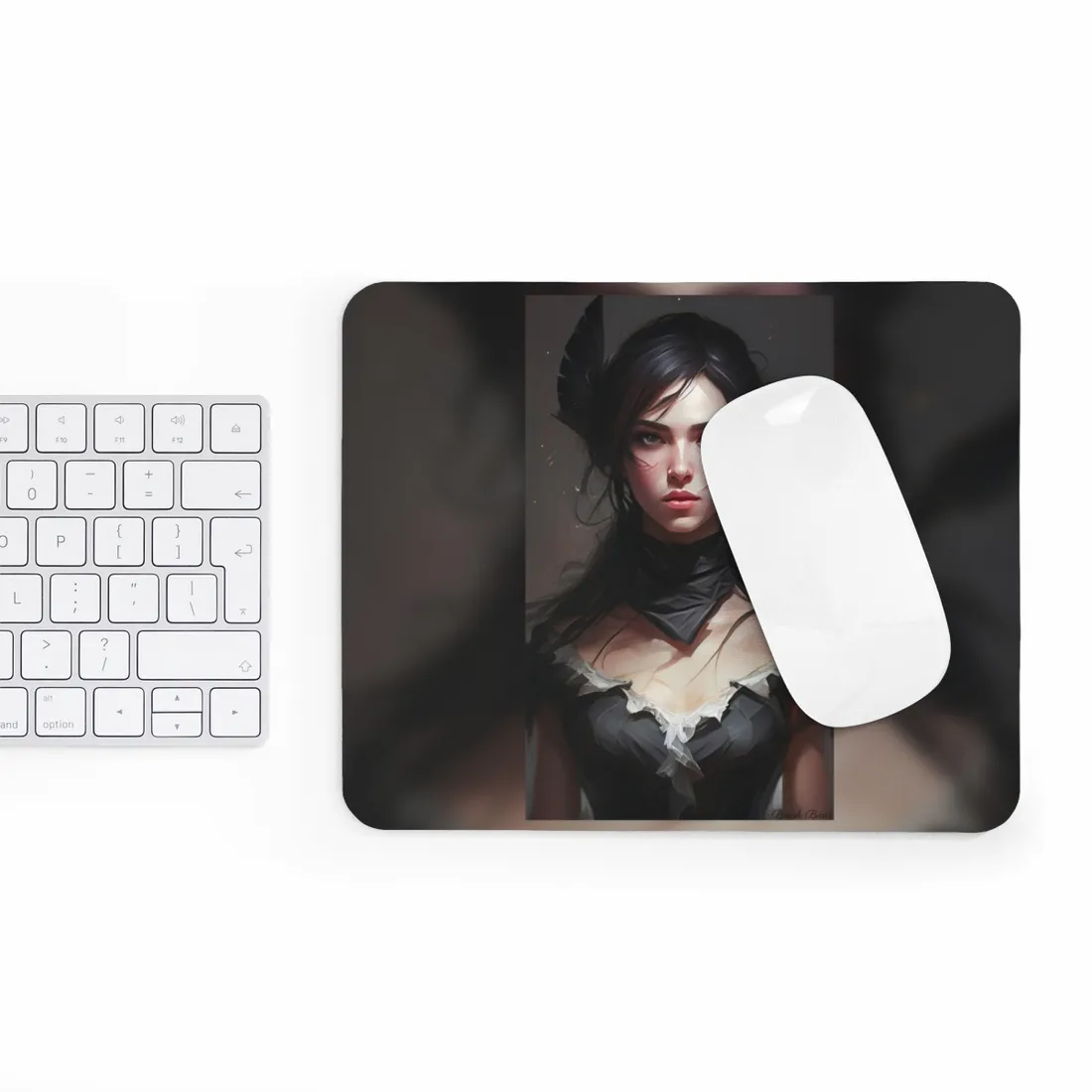 Female Portrait: Black Hair Artwork in Dark Background - Mouse Pad