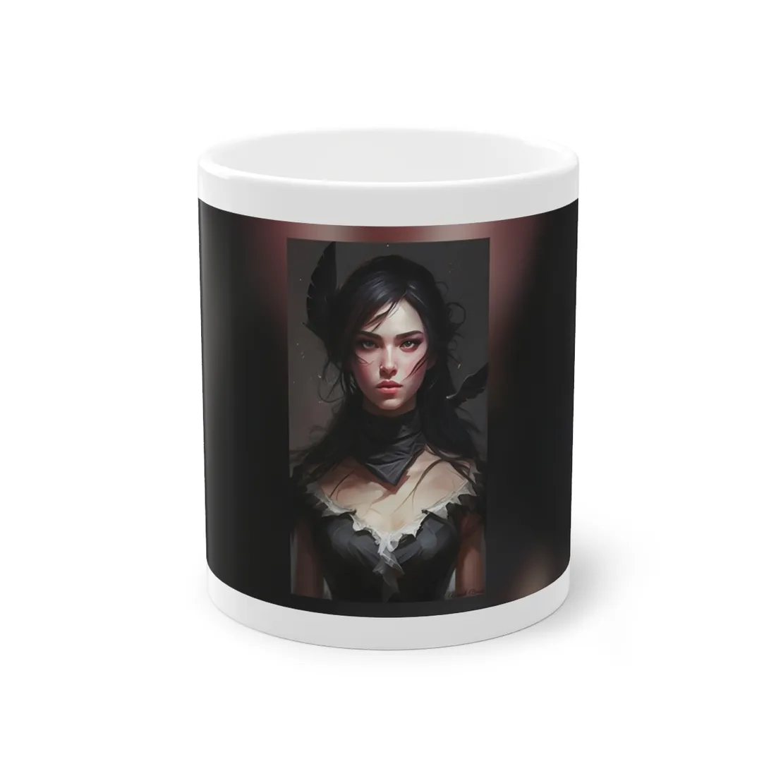 Female Portrait: Black Hair Artwork in Dark Background - Mug