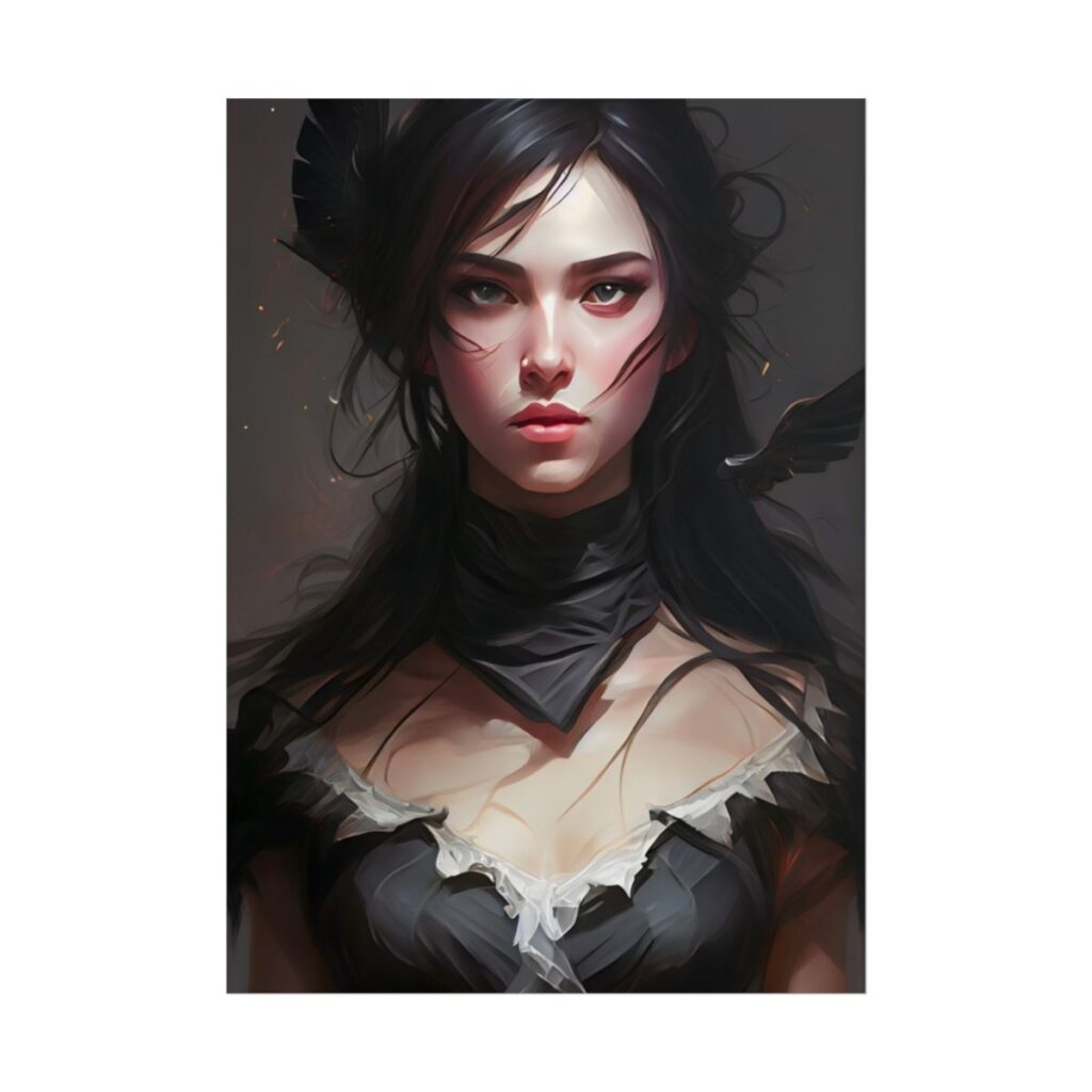 Female Portrait: Black Hair Artwork in Dark Background - Poster