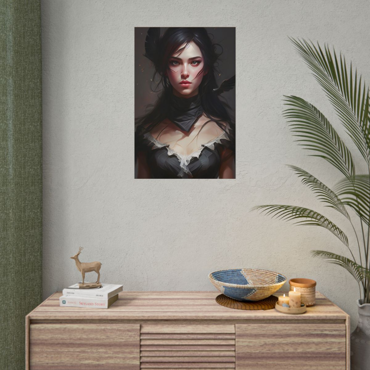 Female Portrait: Black Hair Artwork in Dark Background - Poster