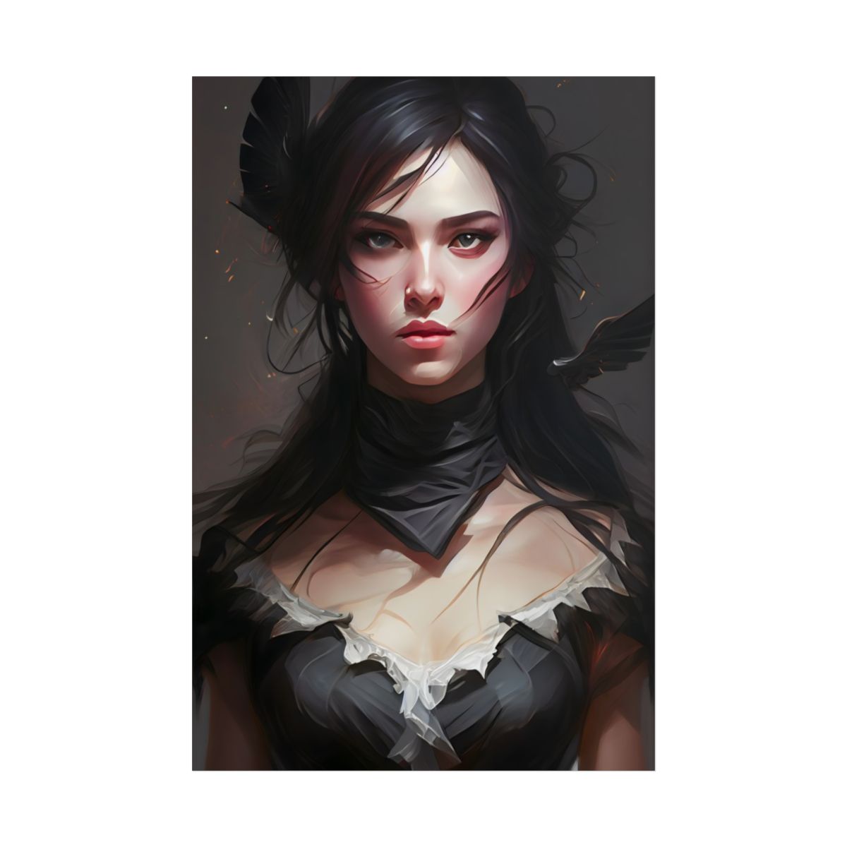 Female Portrait: Black Hair Artwork in Dark Background - Poster