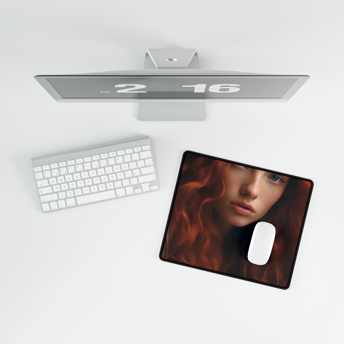 Feminine Portrait: Redheaded Woman in Light Blue - Desk Mat