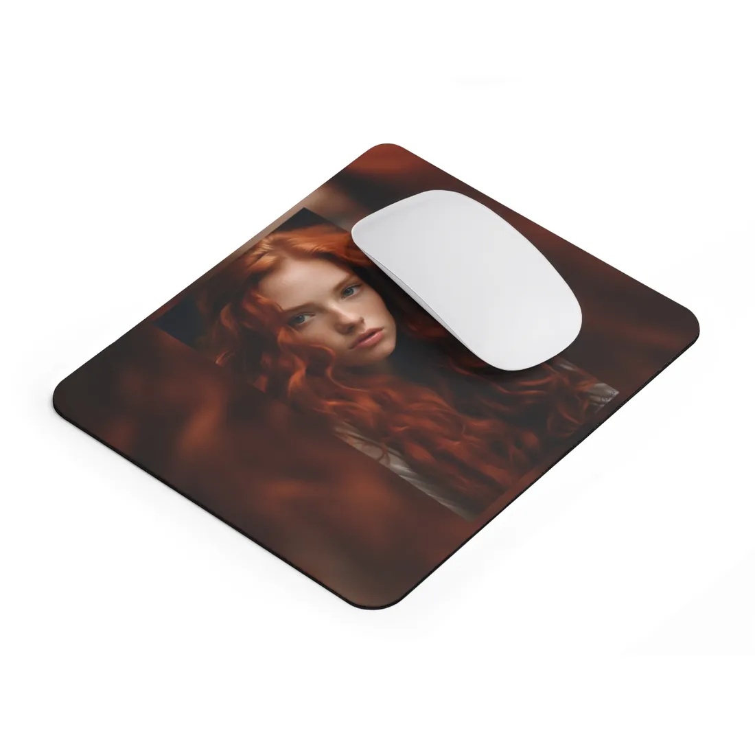 Feminine Portrait: Redheaded Woman in Light Blue - Mouse Pad