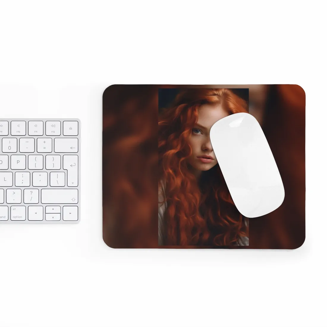 Feminine Portrait: Redheaded Woman in Light Blue - Mouse Pad