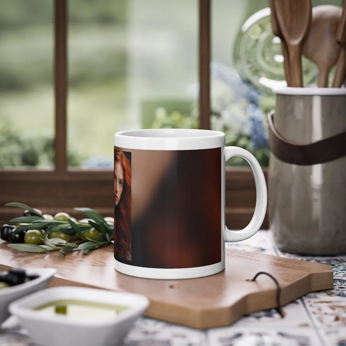 Feminine Portrait: Redheaded Woman in Light Blue - Mug