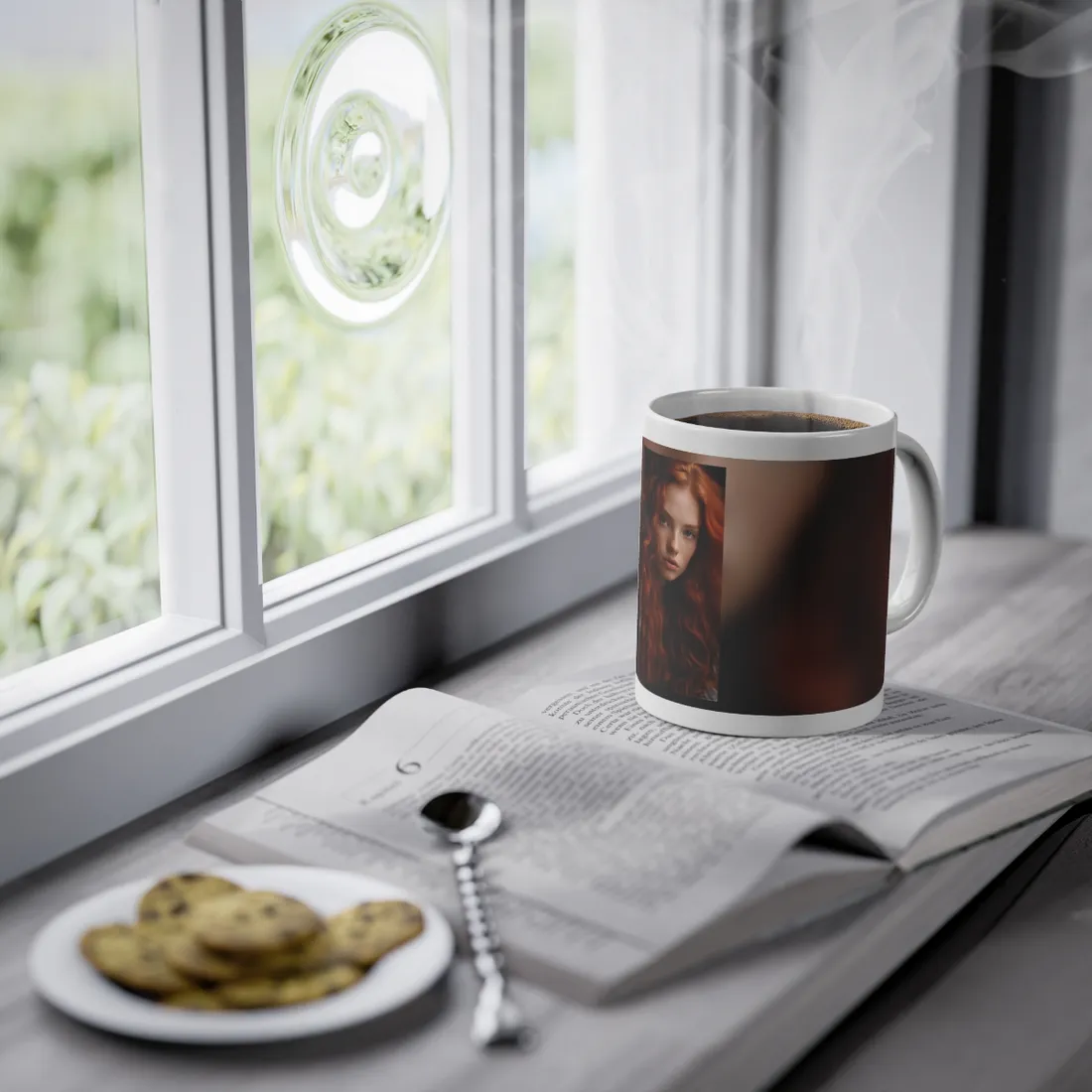 Feminine Portrait: Redheaded Woman in Light Blue - Mug