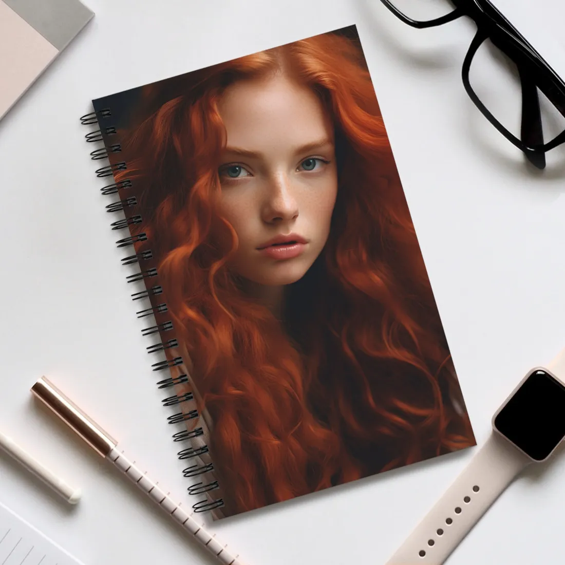 Feminine Portrait: Redheaded Woman in Light Blue - Spiral Notebook