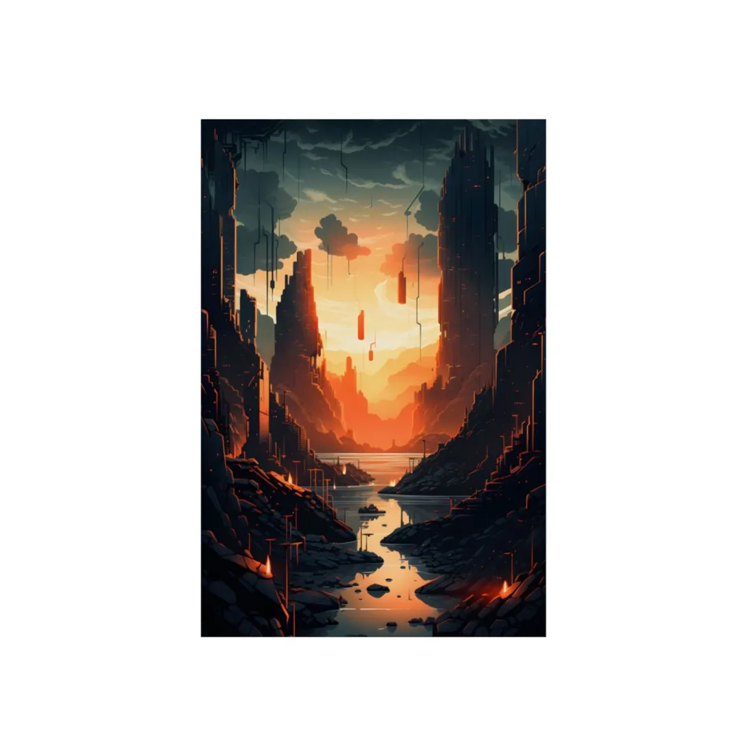 Fiery Cyberpunk Canyon City: Sci-Fi Sunset Gorge - Metal Poster