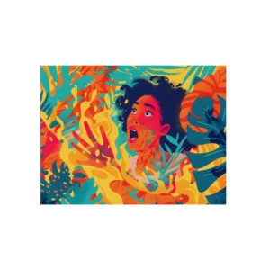 Startled Woman Among Tropical Leaves Metal Poster
