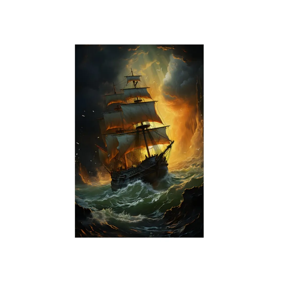 Fiery Stormy Seas: Dramatic Ship Oil Painting - Metal Poster