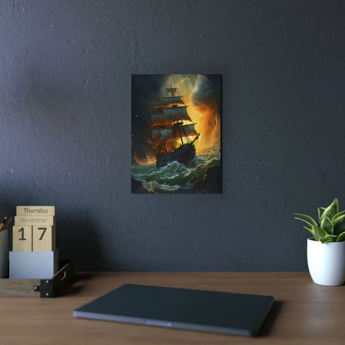 Fiery Stormy Seas: Dramatic Ship Oil Painting - Metal Poster