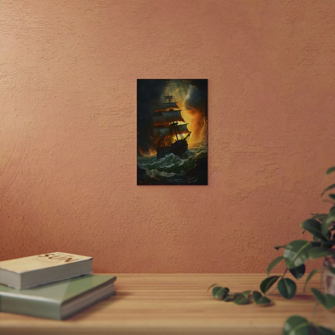 Fiery Stormy Seas: Dramatic Ship Oil Painting - Metal Poster
