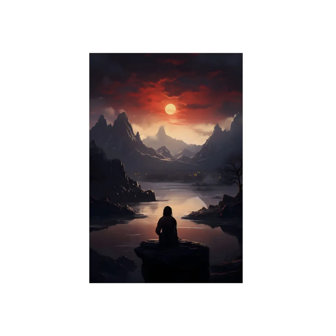 Figure by the Mountain Lake at Dusk: Silhouette Landscape - Metal Poster