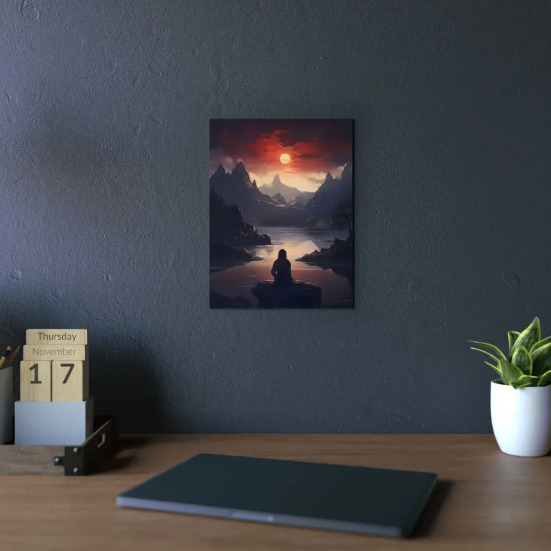 Figure by the Mountain Lake at Dusk: Silhouette Landscape - Metal Poster
