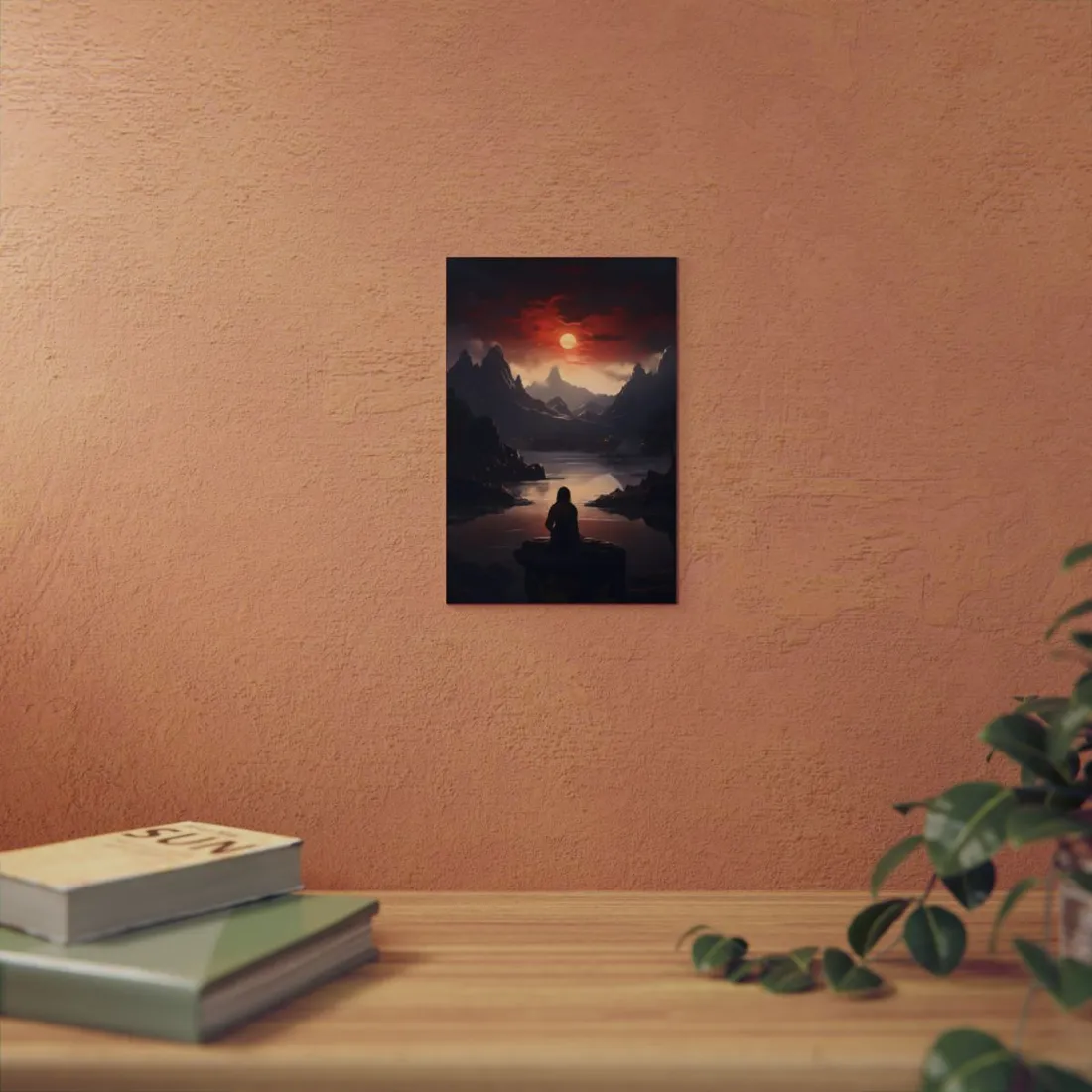 Figure by the Mountain Lake at Dusk: Silhouette Landscape - Metal Poster