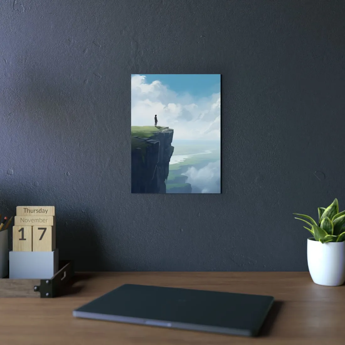 Figure on the Cliff Overlooking the Misty Valley: Dramatic Landscape - Metal Poster
