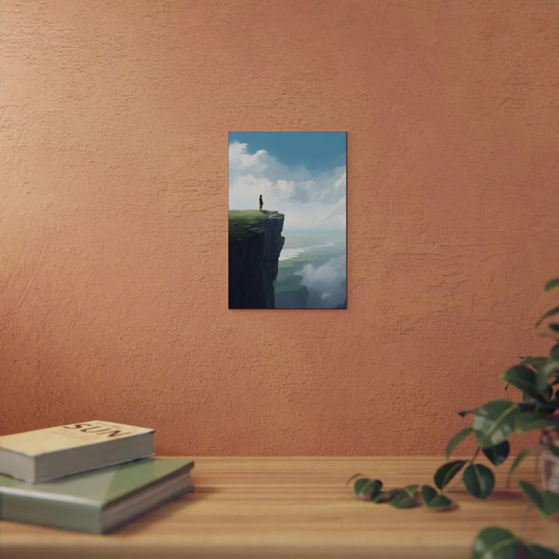 Figure on the Cliff Overlooking the Misty Valley: Dramatic Landscape - Metal Poster
