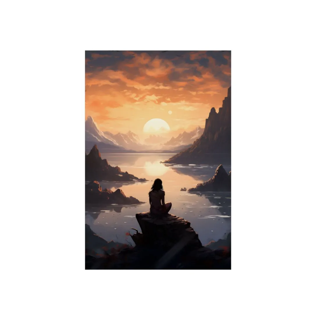 Figure on the Lake at Sunset: Mountain Silhouette Scene - Metal Poster
