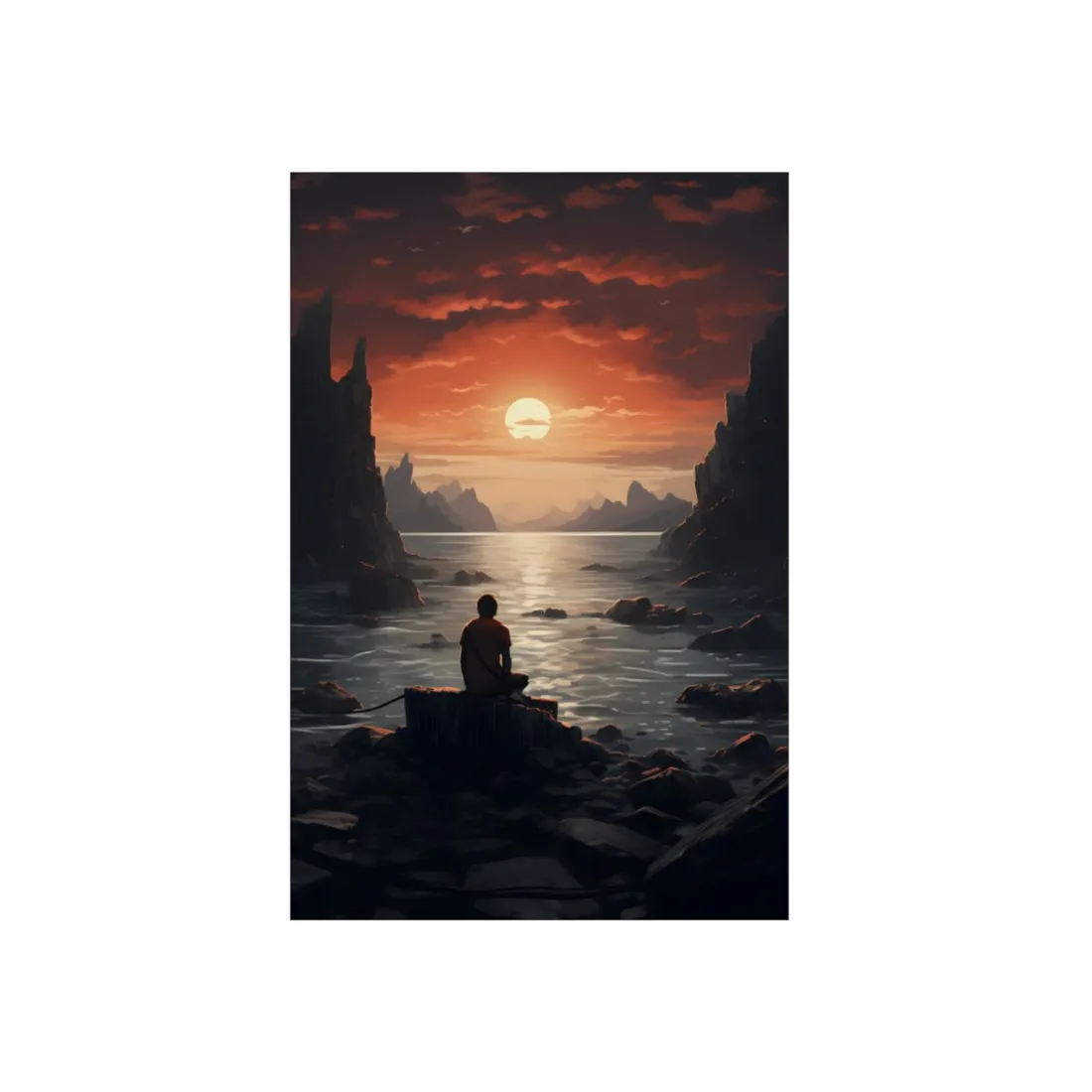 Figure on the Rock at Sunset: Contemplative Seascape - Metal Poster