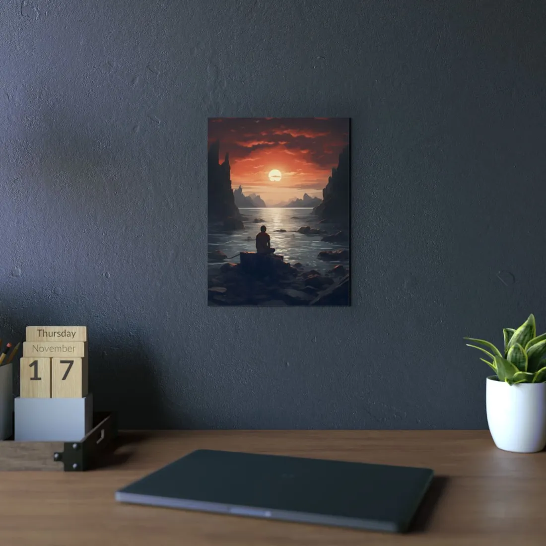 Figure on the Rock at Sunset: Contemplative Seascape - Metal Poster